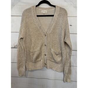 Marled Sz LG Cardigan Sweater Knit Front Pockets Gold